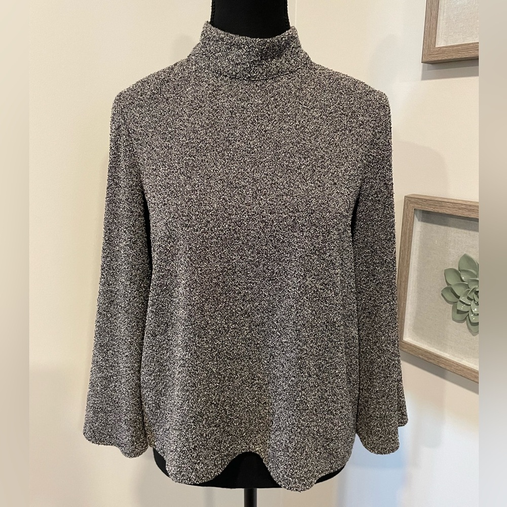 Zara Grey Boucle Mock Neck Sweater With Bell Sleeves & Exposed Back Zipper VGUC